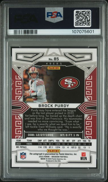 2023 Panini Obsidian Brock Purdy #85 (Signature) Mint 9 back
