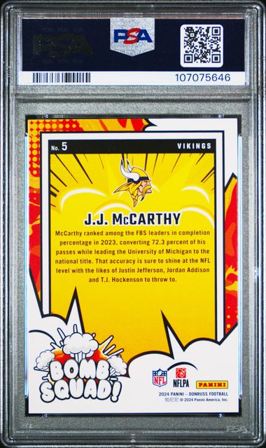 2024 Panini Donruss Bomb Squad Jj Mccarthy #5 Gem Mt 10 back