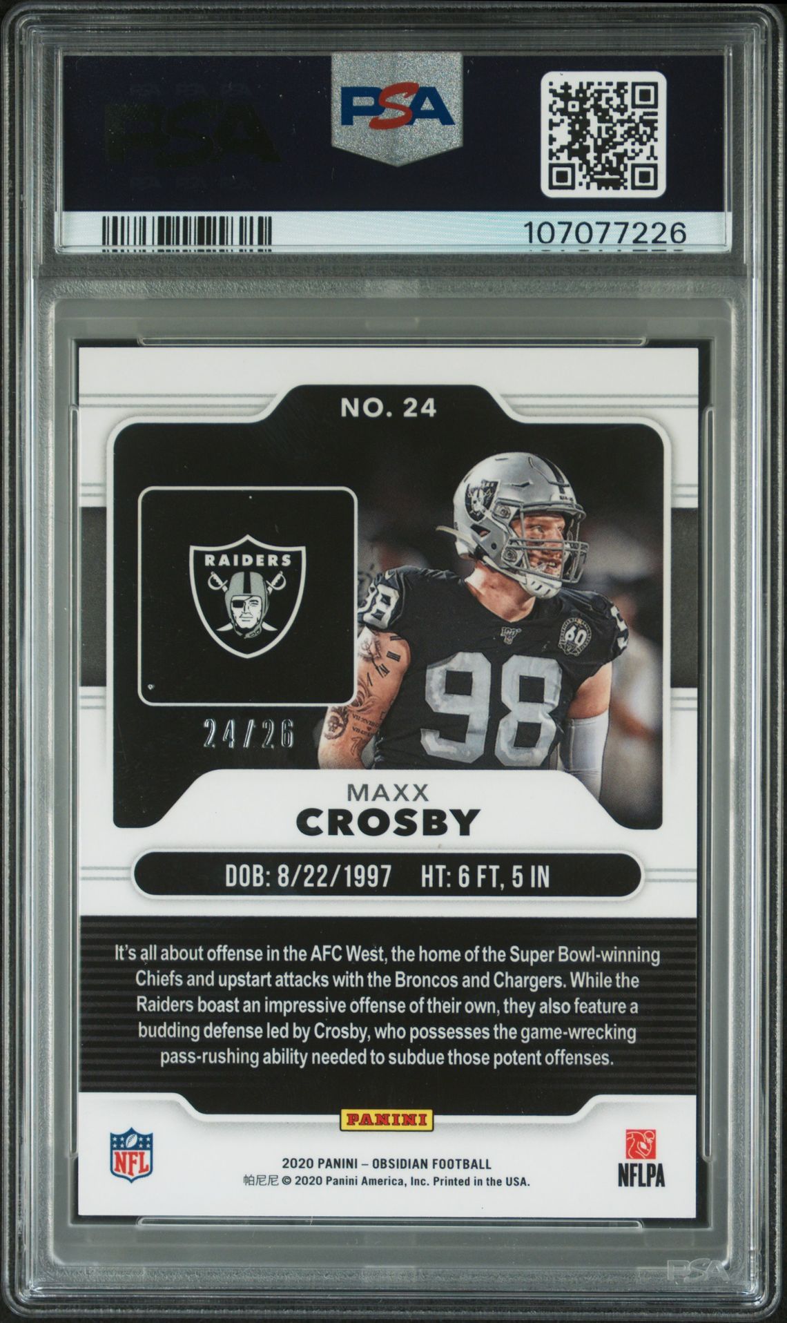 2020 Panini Obsidian Maxx Crosby #24 (Electric Etch Red Flood) Mint 9 back