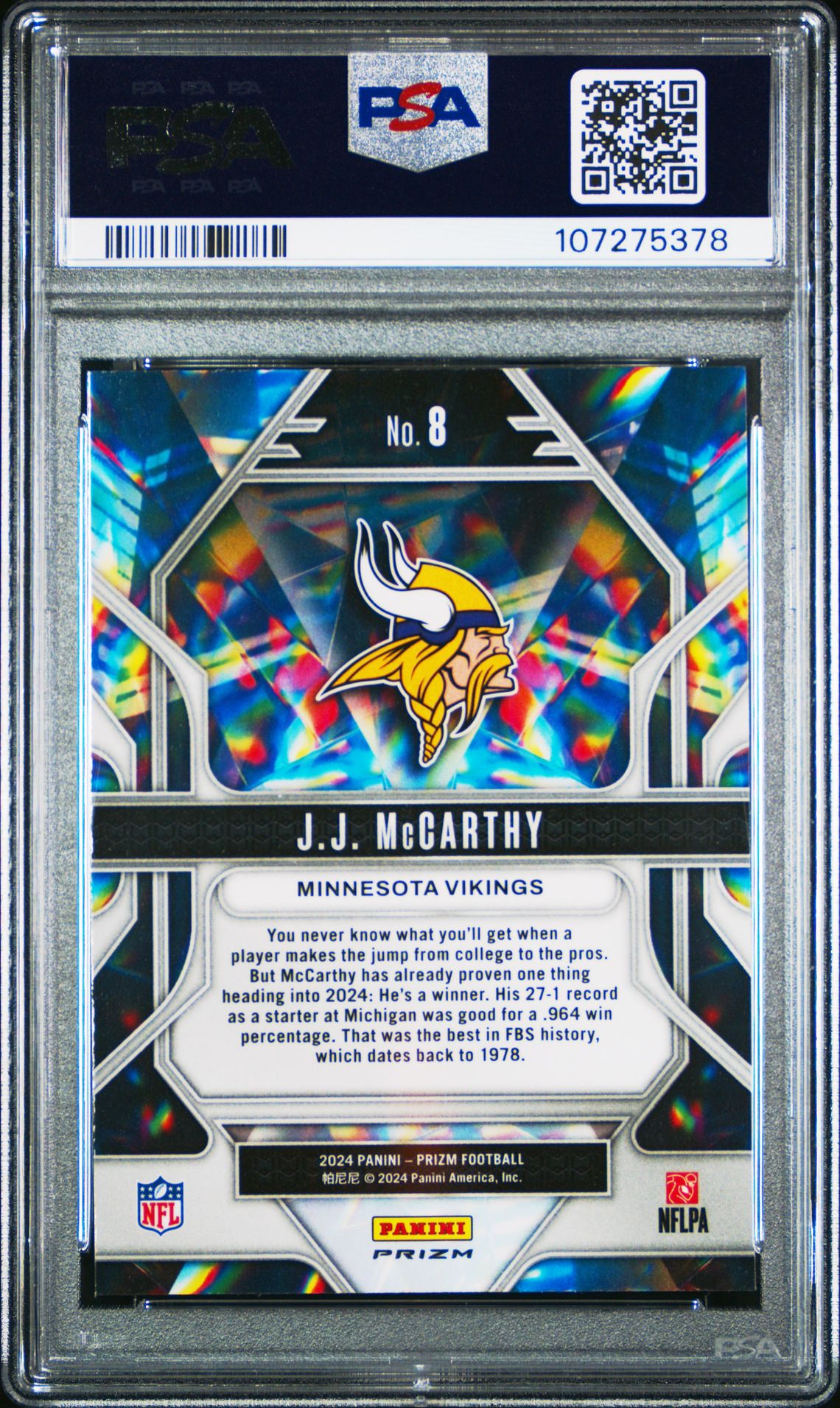 2024 Panini Prizm Prizmatic Jj Mccarthy #8 (Prizmatic-No Huddle) Mint 9 back