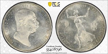 1908 5 Cor KM-2809  Ag MS62