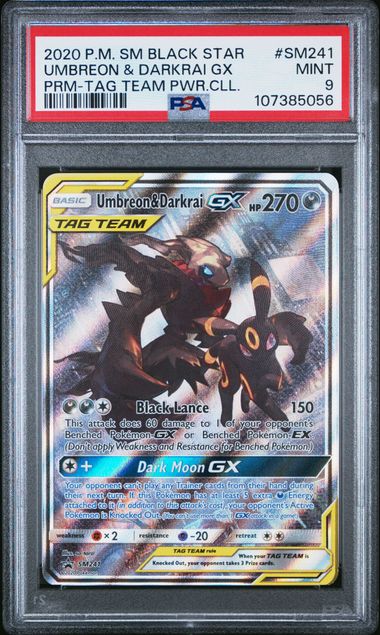2020 POKEMON SM BLACK STAR PROMO #SM241 UMBREON & DARKRAI GX PRM-TAG TEAM PWR.CLL. (PSA 9) (PSA 9) – 107385056