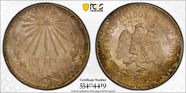 1943-M Peso KM-455 Ag MS67