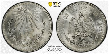 1932-M Peso KM-455  Ag Closed 9 MS66