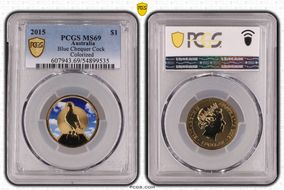 2015 $1 Blue Chequer Cock Colorized MS69