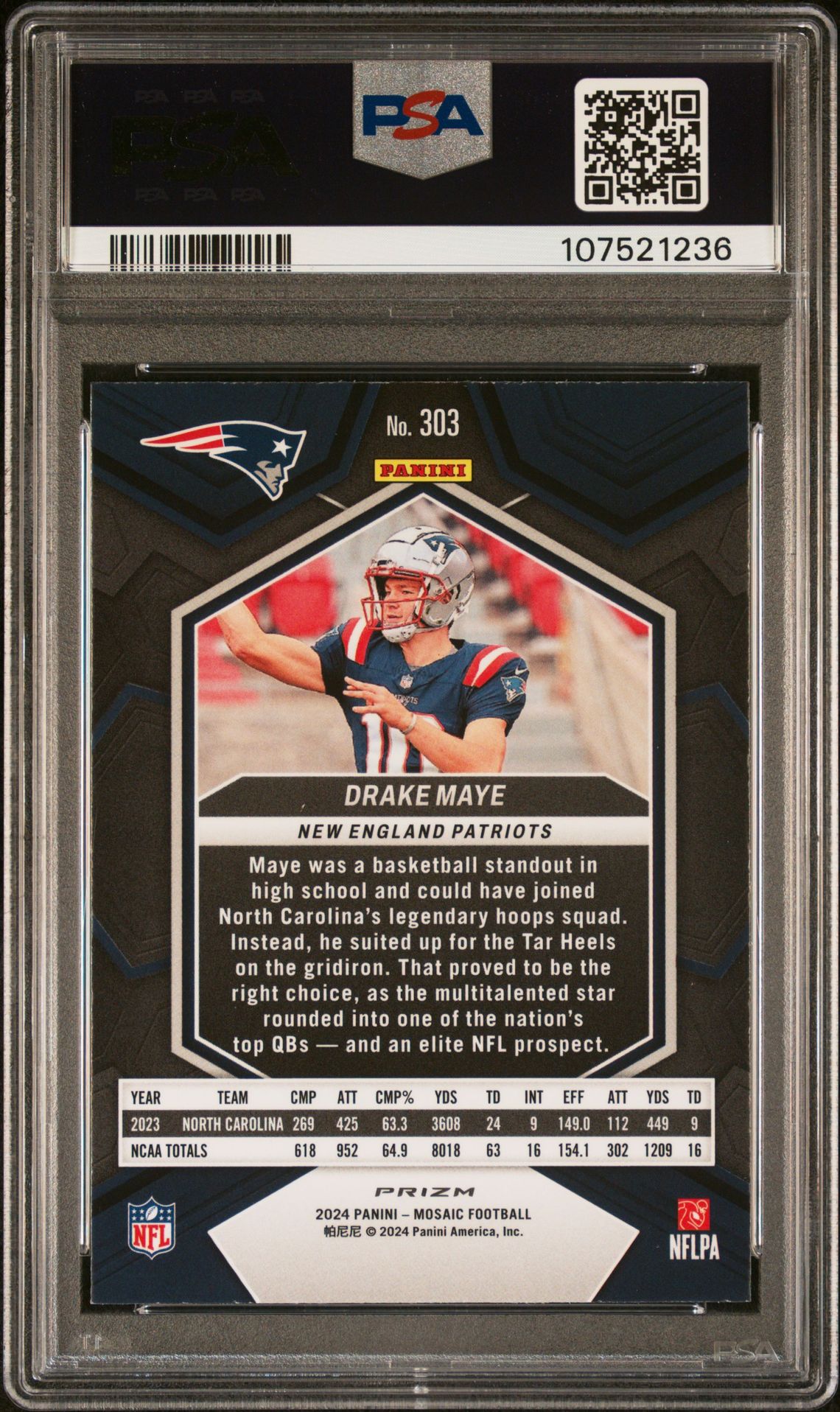 2024 Panini Mosaic Drake Maye #303 (Green) Gem Mt 10 back