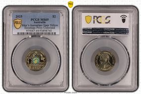 2025 $2 Men’s Australian Open Yellow Envelope Privy Colorized MS69