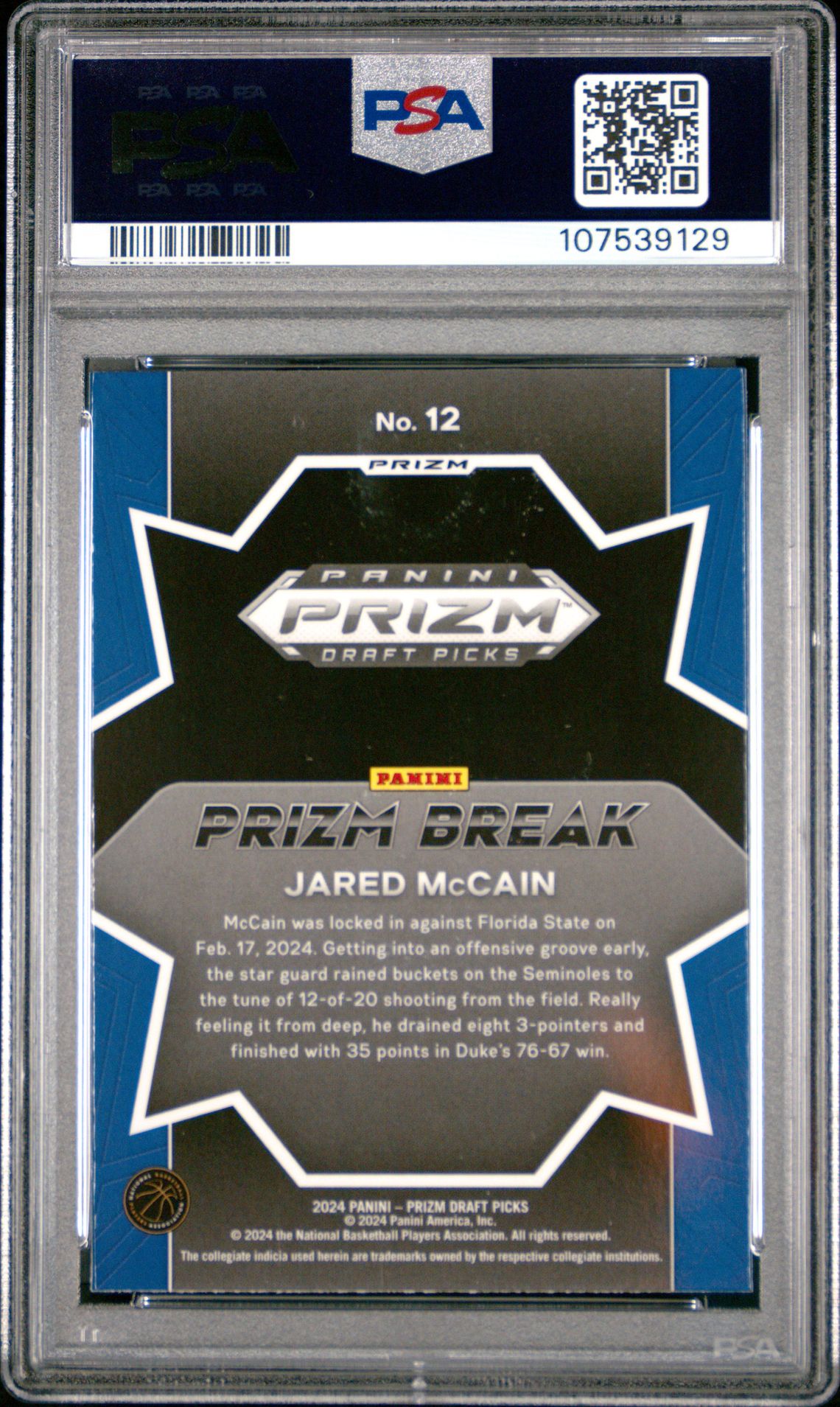 2024 Panini Prizm Draft Picks Prizm Break Jared Mccain #12 (Prizm Break-Silver Prizm) Gem Mt 10 back