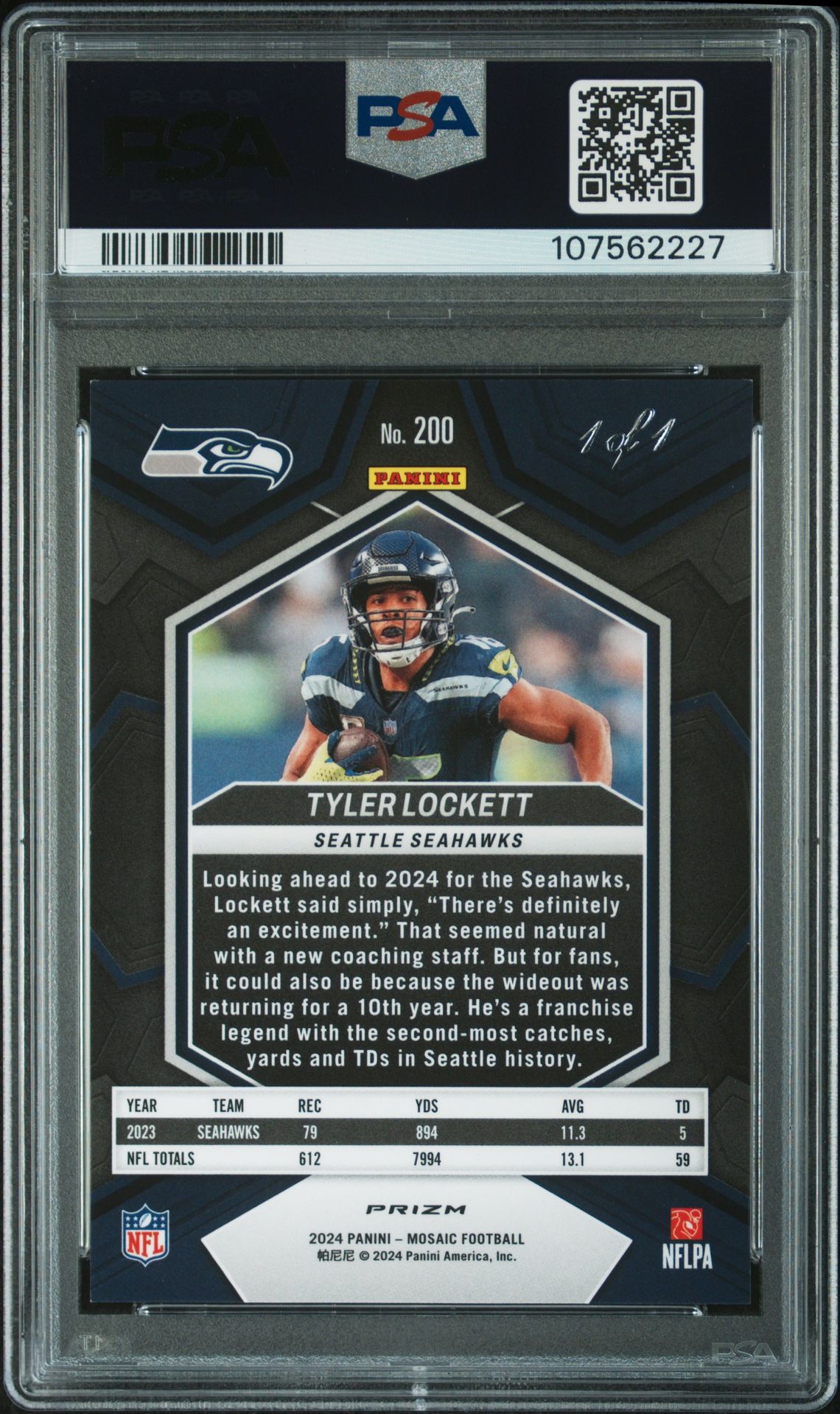2024 Panini Mosaic Tyler Lockett #200 (Black No Huddle 1/1) Mint 9 back