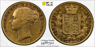 1880-S Sov S-3855 Shield ∀ICTORIA AU50