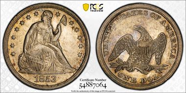 1853 $1 OC-1, Chin Whiskers AU55