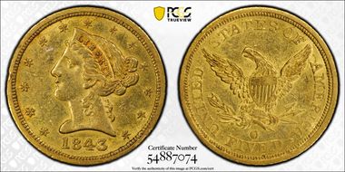 1843-O $5 Large Letters AU58