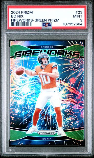 2024 Panini Prizm Fireworks Bo Nix #23 (Fireworks-Green Prizm) Mint 9 front