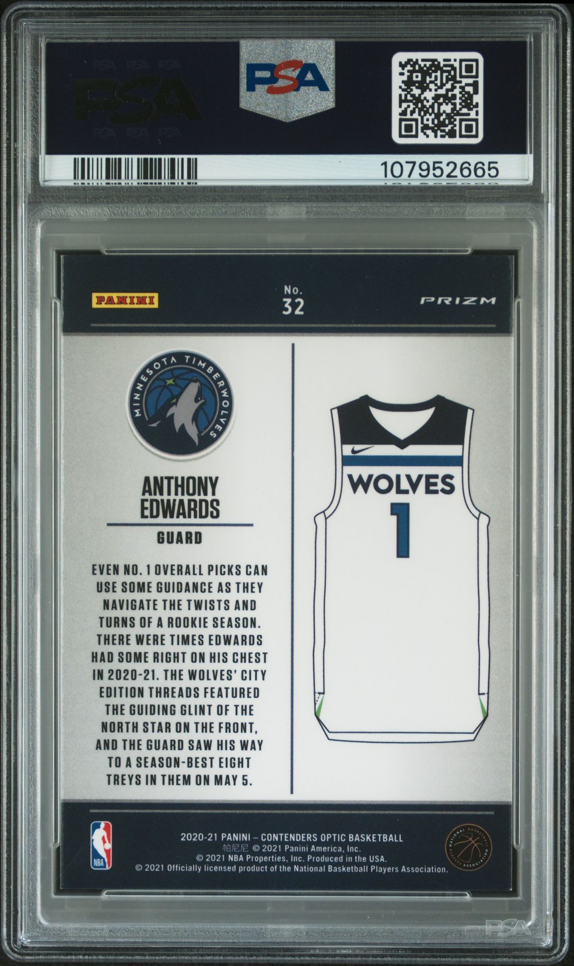 2020 Panini Contenders Optic Uniformity Anthony Edwards #32 (Uniformity) Mint 9 back