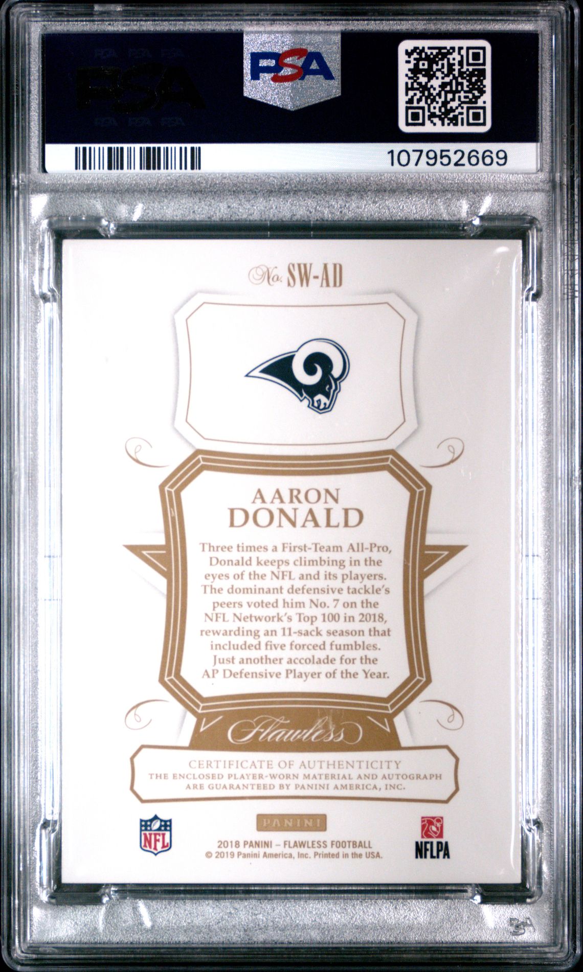 2018 Panini Flawless Star Swatch Signatures Aaron Donald #Sw-Ad (Star Swatch Signatures) Mint 9 back