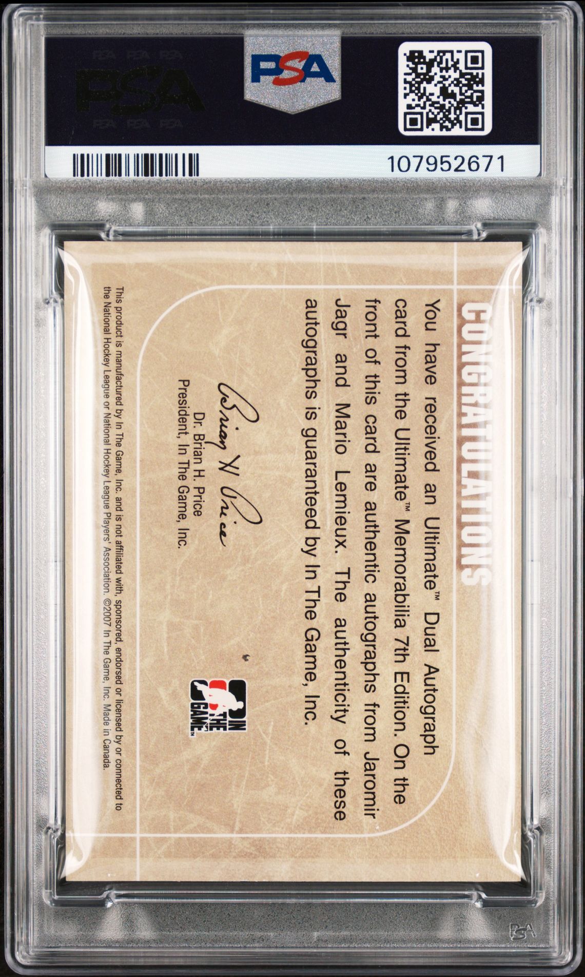 2006 Itg Ultimate Memorabilia Dual Autograph J.jagr/M.lemieux (Dual Autograph) Nm-Mt 8 back