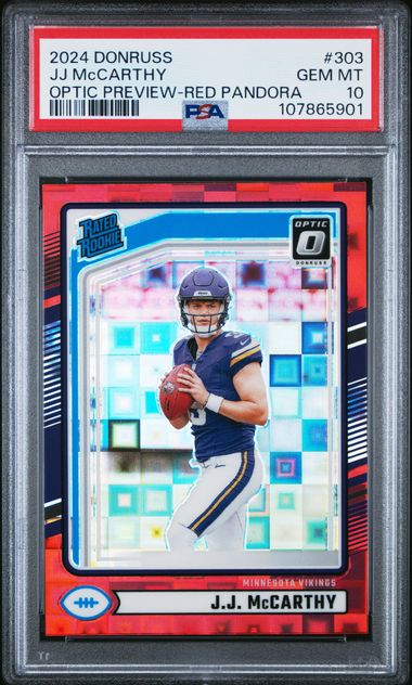 2024 Panini Donruss Jj Mccarthy #303 (Optic Preview-Red Pandora) Gem Mt 10 front