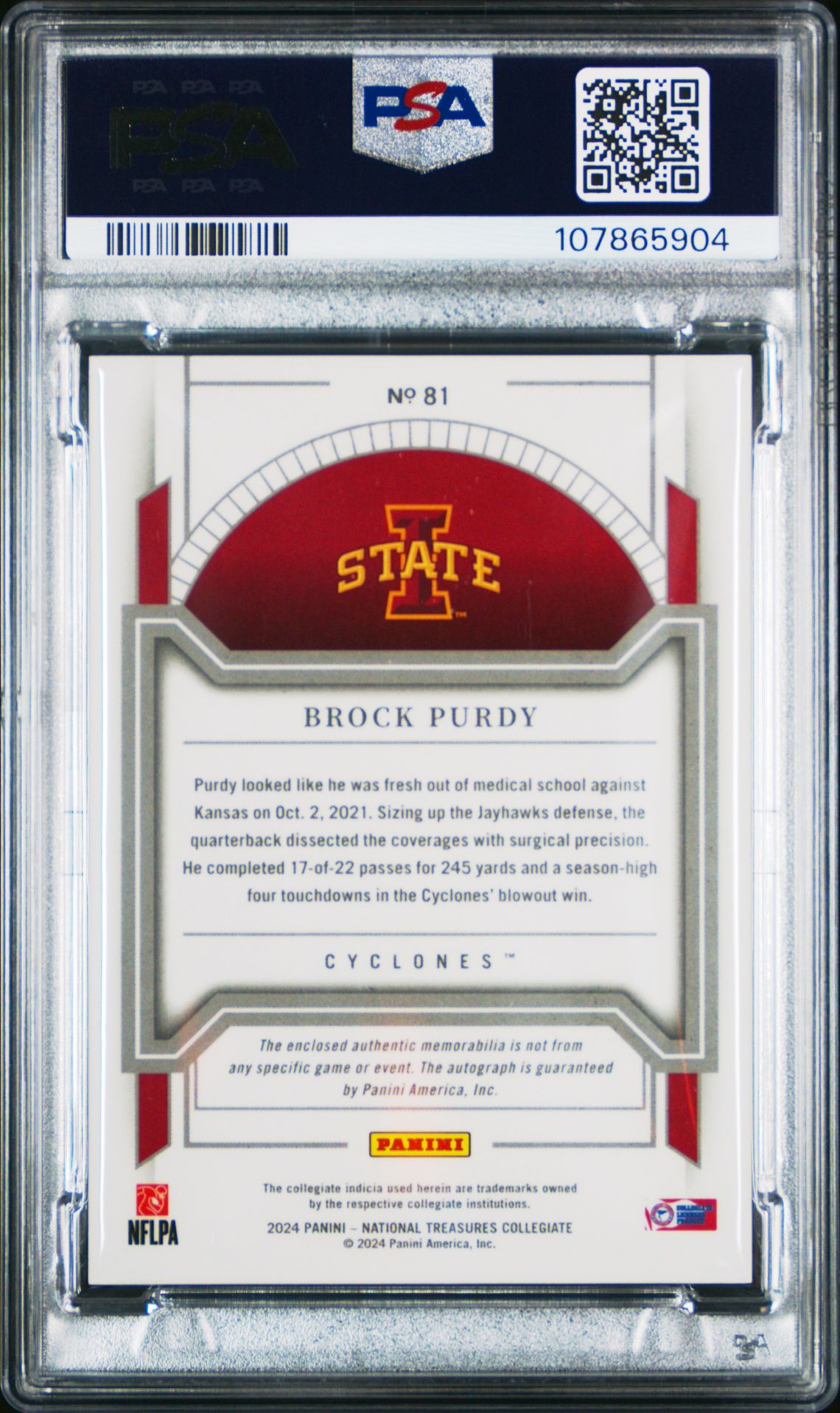 2024 Panini National Treasures Collegiate Brock Purdy #81 (College Mat Sig-Blue) Mint 9 back
