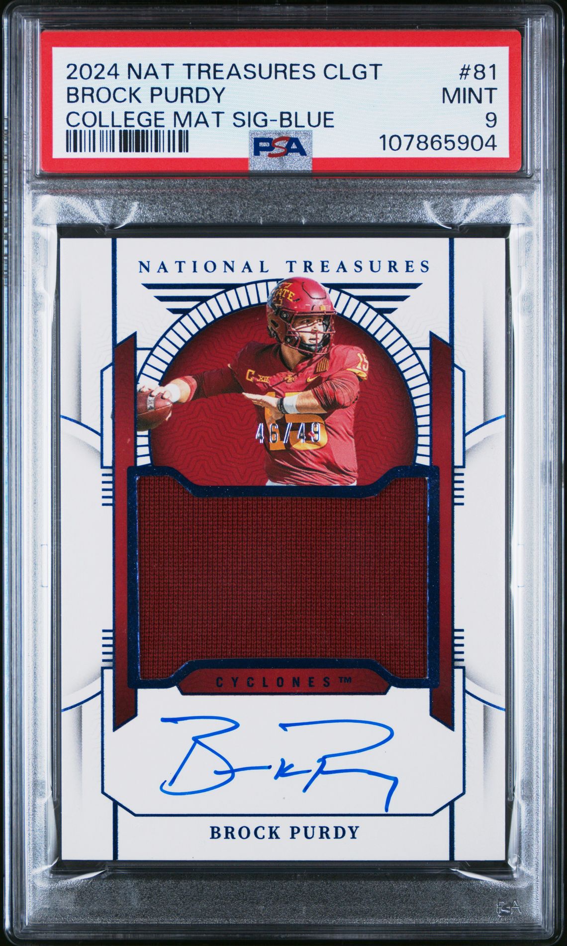 2024 Panini National Treasures Collegiate Brock Purdy #81 (College Mat Sig-Blue) Mint 9 front