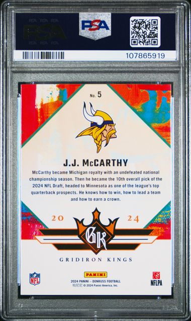 2024 Panini Donruss Rookie Gridiron Kings Jj Mccarthy #5 Gem Mt 10 back