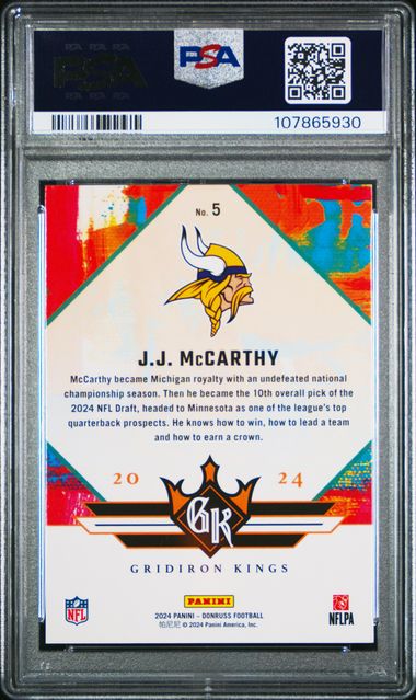 2024 Panini Donruss Rookie Gridiron Kings Jj Mccarthy #5 Gem Mt 10 back