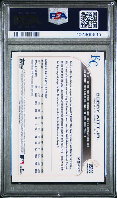 2022 Topps Update Bobby Witt Jr. #Us100 (Gold Foil) Mint 9 back