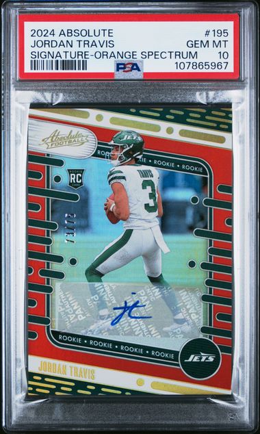 2024 Panini Absolute Jordan Travis #195 (Signature-Orange Spectrum) Gem Mt 10 front