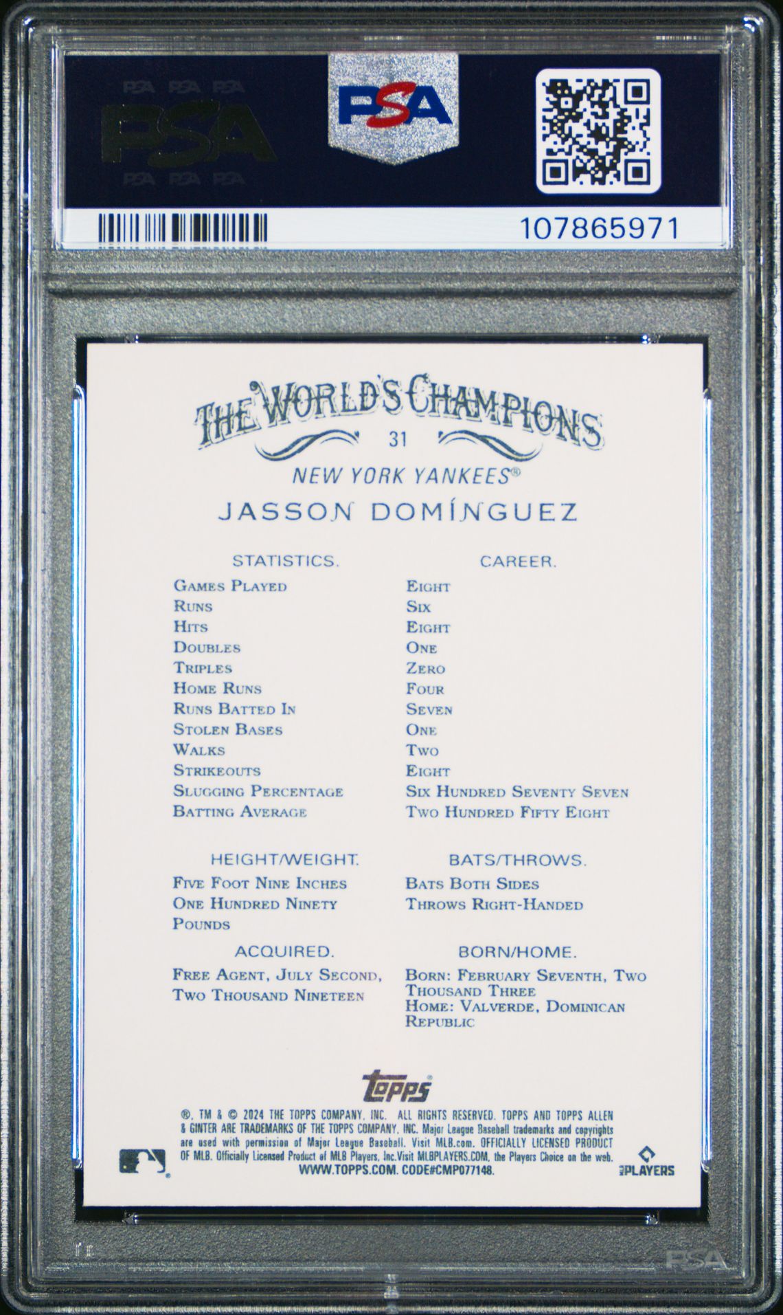 2024 Topps Allen & Ginter Jasson Dominguez #31 (Foil Filigree) Gem Mt 10 back view - PSA certificate #107865971