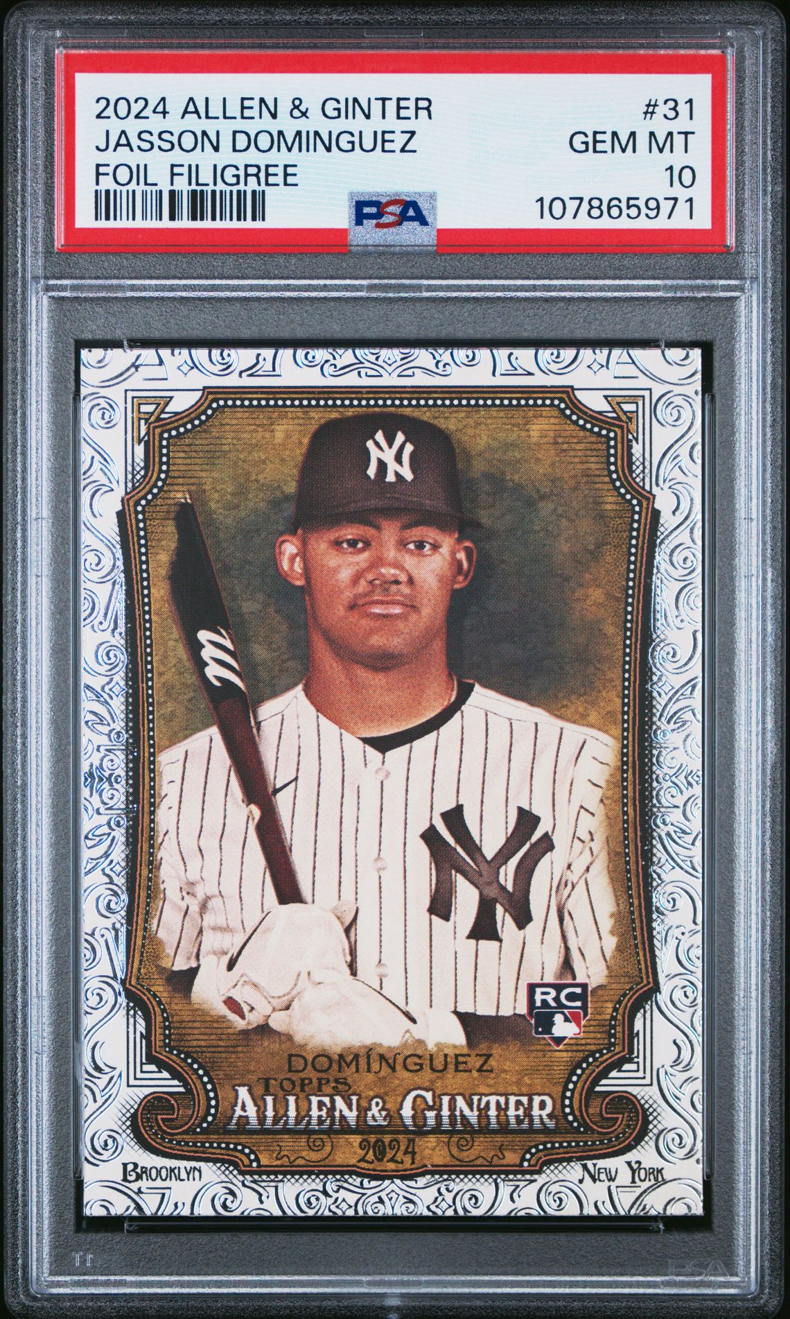 2024 Topps Allen & Ginter Jasson Dominguez #31 (Foil Filigree) Gem Mt 10 front view - PSA graded GEM MT 10