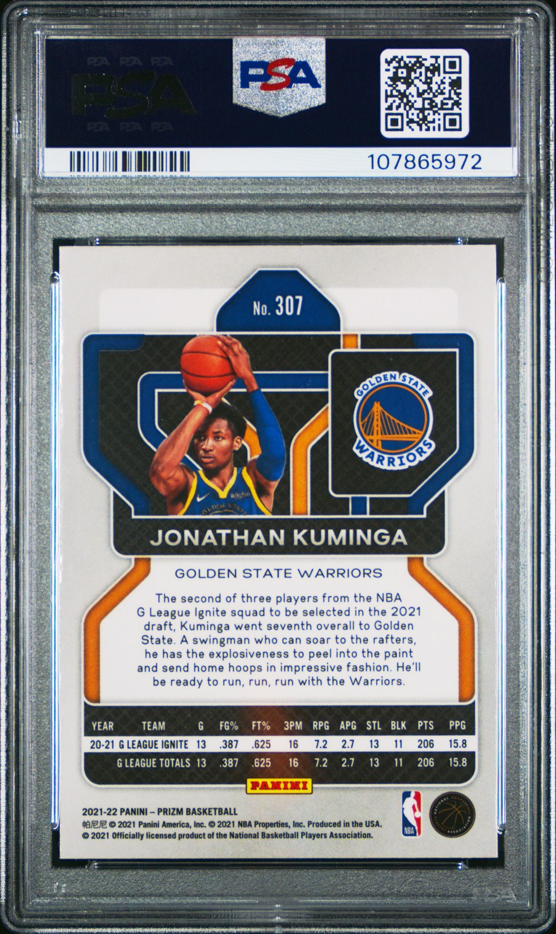 2021 Panini Prizm Jonathan Kuminga #307 Gem Mt 10 back