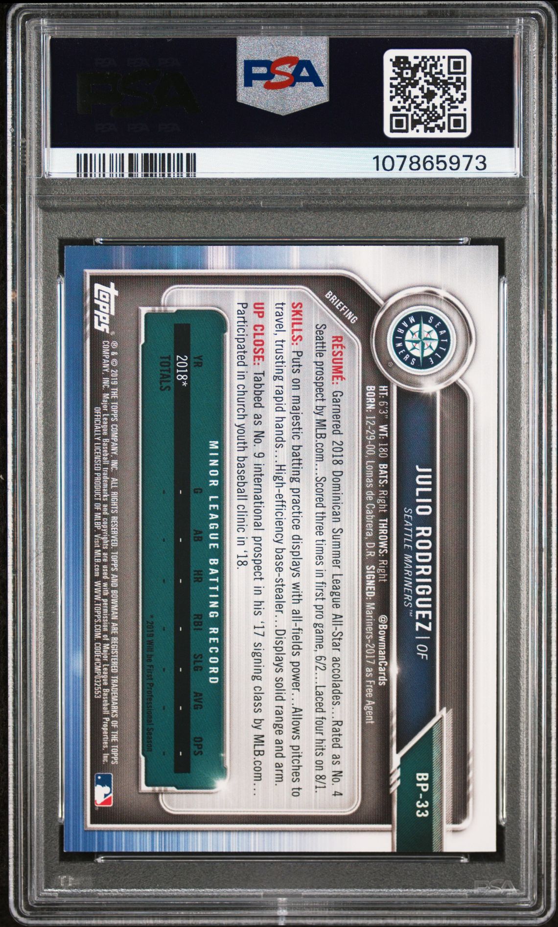 2019 Bowman Paper Prospects Julio Rodriguez #Bp33 (Paper Prospects) Mint 9 back