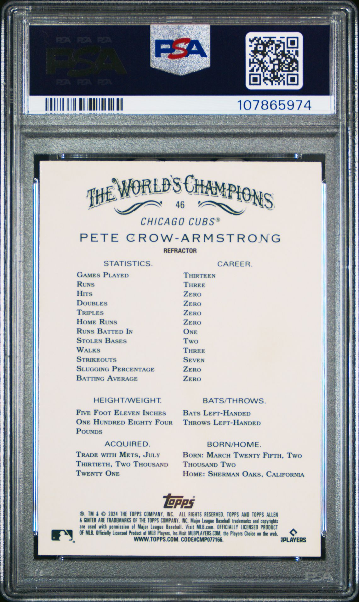 2024 Topps Allen & Ginter Pete Crow-Armstrong #46 (Chrome-Refractor) Gem Mt 10 back