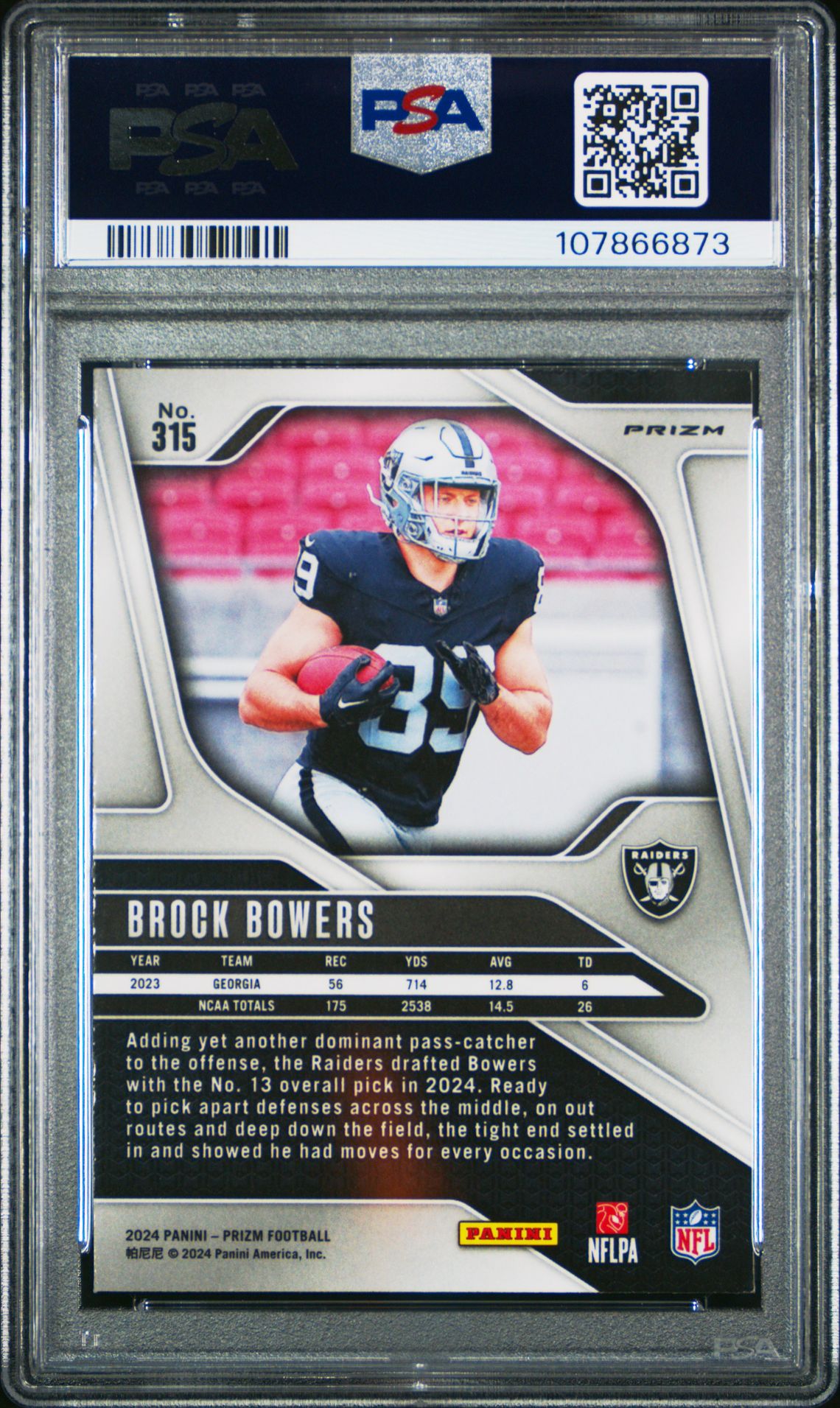 2024 Panini Prizm Brock Bowers #315 (Red/White/Blue Prizm) Gem Mt 10 back