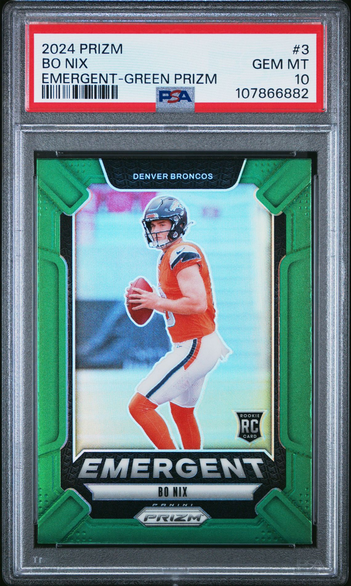 2024 Panini Prizm Emergent Bo Nix #3 (Emergent-Green Prizm) Gem Mt 10 front