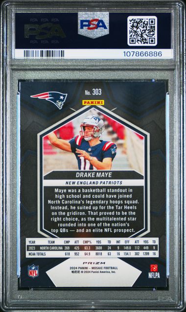 2024 Panini Mosaic Drake Maye #303 (Reactive Blue) Mint 9 back