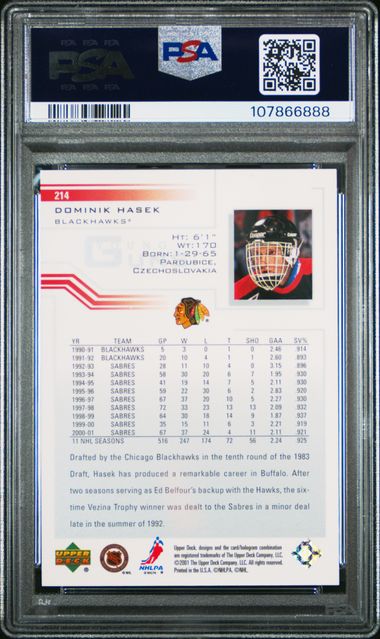 2001 Upper Deck Dominik Hasek #214 Gem Mt 10 back