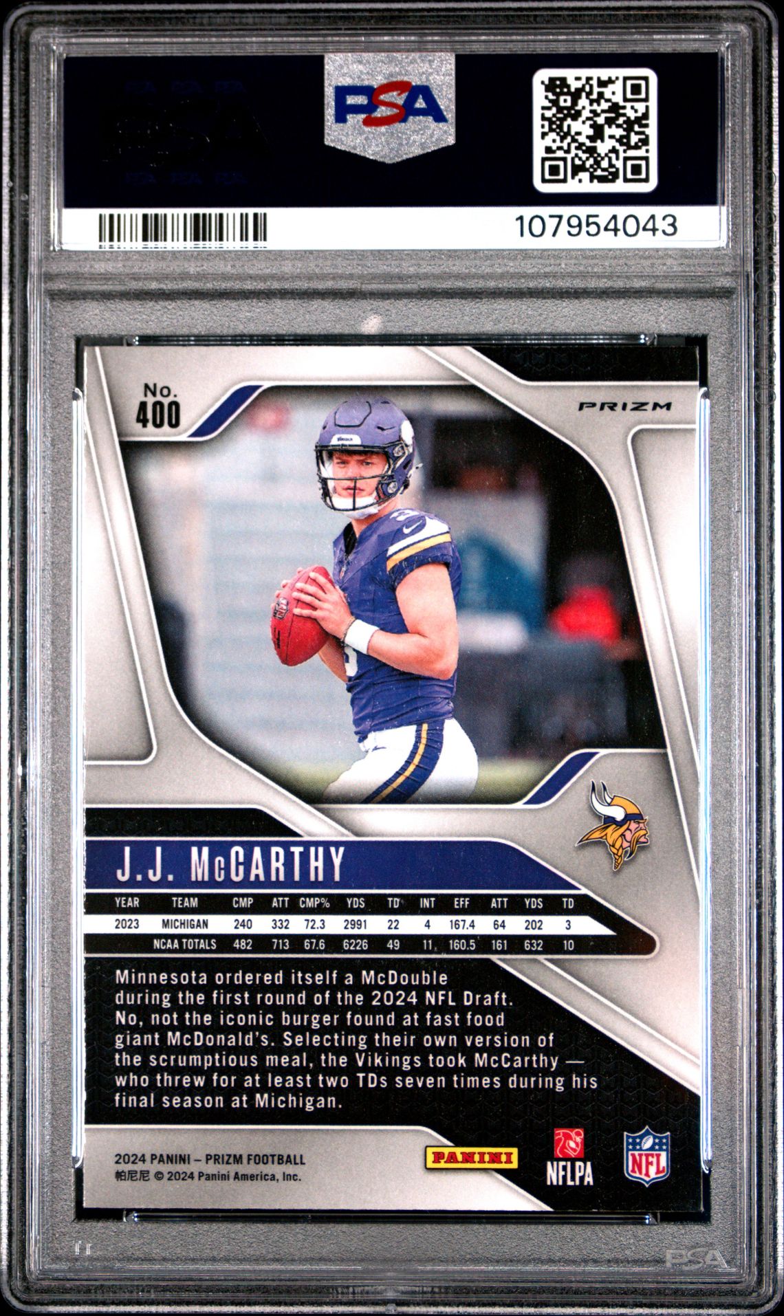 2024 Panini Prizm Jj Mccarthy #400 (Silver Prizm) Mint 9 back