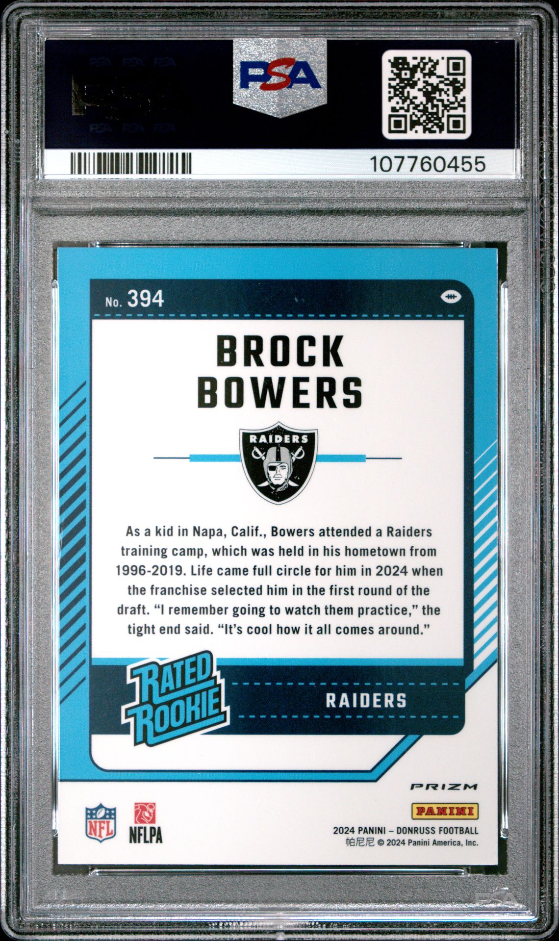 2024 Panini Donruss Brock Bowers #394 (Optic Preview-Red Pandora) Gem Mt 10 back
