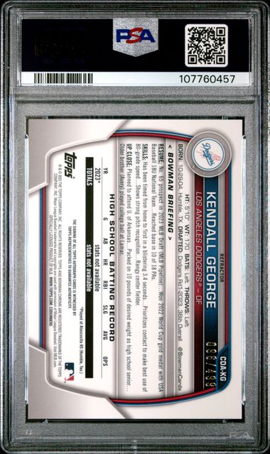 2023 Bowman Draft Chrome Prospect Autograph Kendall George #Cdakg (Chrome Prspct Au-Refractor) Gem Mt 10 back