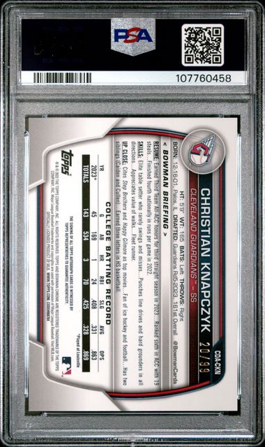 2023 Bowman Draft Chrome Prospect Autograph Christian Knapczyk #Cdackn (Chrome Prspct Au-Green Lava) Gem Mt 10 back