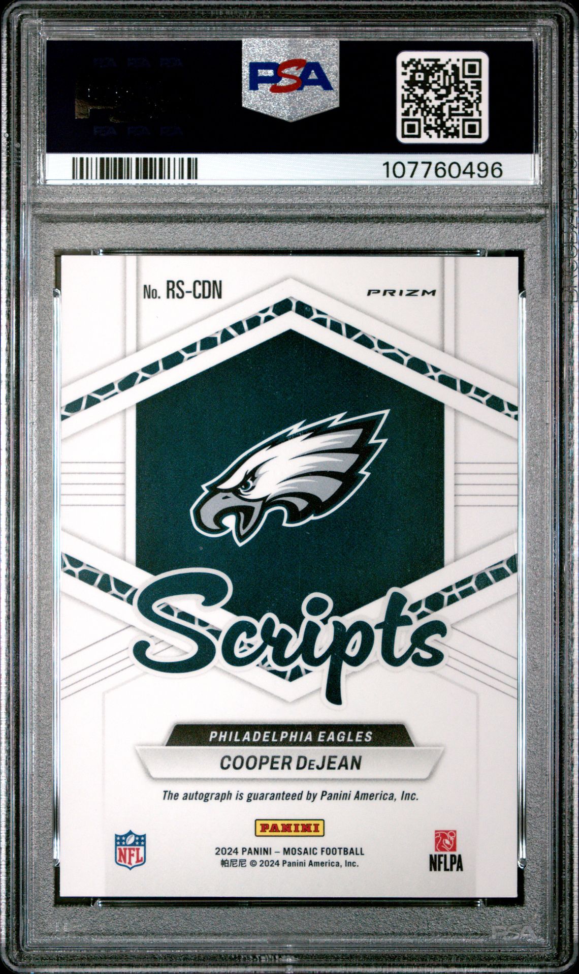 2024 Panini Mosaic Rookie Scripts Cooper Dejean #Rscdn Gem Mt 10 back