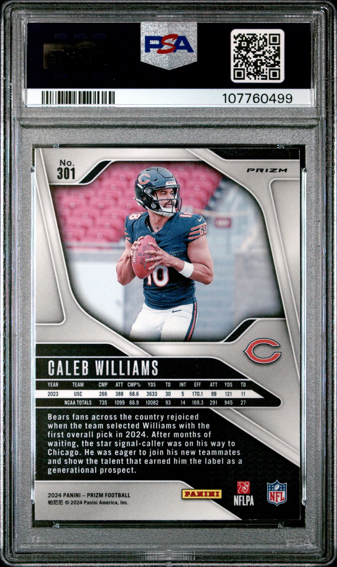 2024 Panini Prizm Caleb Williams #301 (Silver Prizm) Mint 9 back