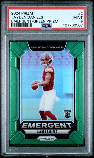 2024 Panini Prizm Emergent Jayden Daniels #2 (Emergent-Green Prizm) Mint 9 front