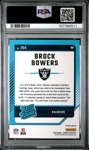 2024 Panini Donruss Brock Bowers #394 (Optic Preview-Red & Green) Mint 9 back