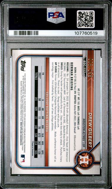 2022 Bowman Draft Drew Gilbert #Bdc152 (Ch-Aqua Lava Refractor) Gem Mt 10 back