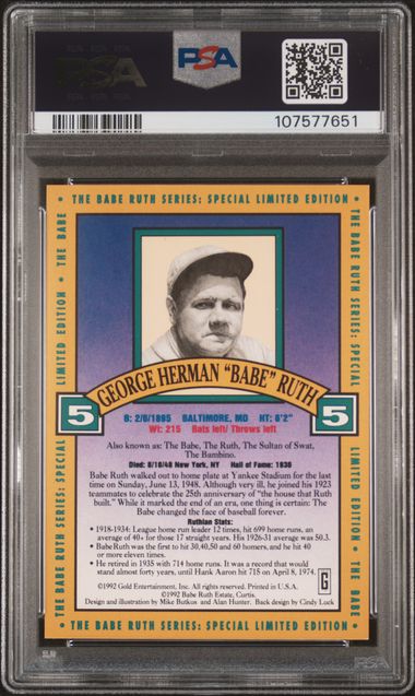 1992 Gold Entertainment Babe Ruth 1914-1935 #5 (Babe Ruth-Career Summary) Vg-Ex 4 back