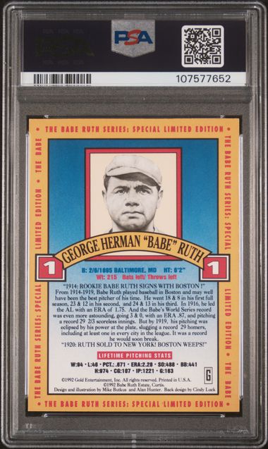 1992 Gold Entertainment Babe Ruth 1914-1919 #1 (Babe Ruth-Red Sox Pitcher) Vg-Ex 4 back