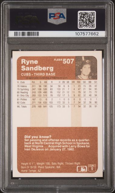 1983 Fleer Ryne Sandberg #507 Ex-Mt 6 back