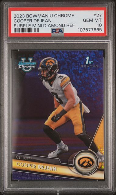 2023 Bowman University Chrome Cooper Dejean #27 (Purple Mini Diamond Ref) Gem Mt 10 front