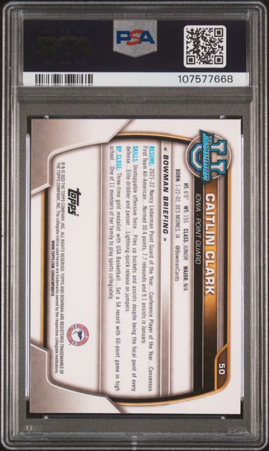 2022 Bowman Chrome University Caitlin Clark #50 Mint 9 back